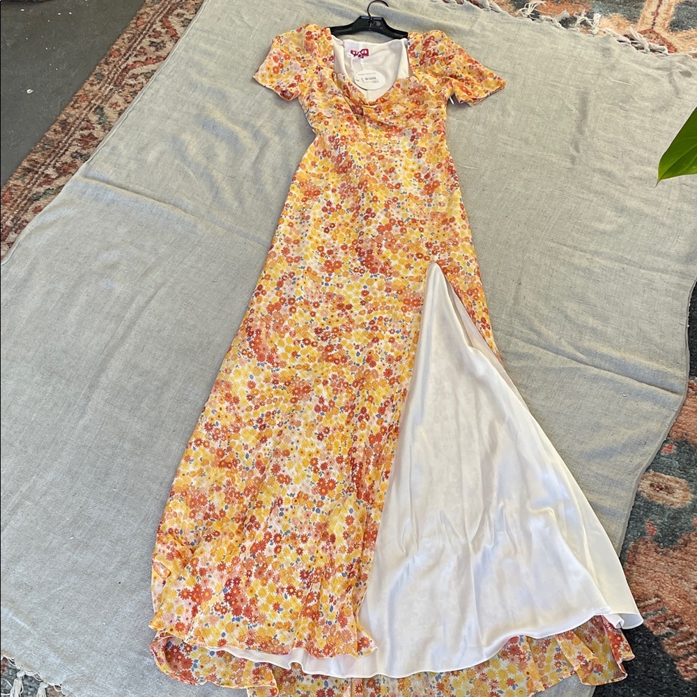 STAUD Yellow Floral Maxi Dress with Orange and Pink Flowers